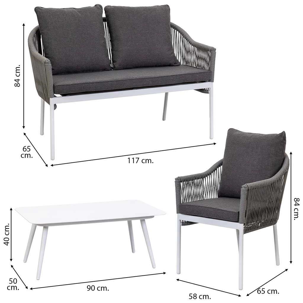Set divano tavolo e 2 poltrone grigio 90x50x40, 58x65x84, 117x65x84