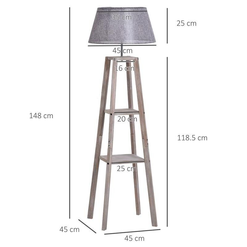 LAMPADA DA TERRA IN LEGNO CON 3 RIPIANI E PARALUME IN TESSUTO, 45X45X148CM, GRIGIO