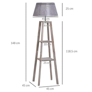 LAMPADA DA TERRA IN LEGNO CON 3 RIPIANI E PARALUME IN TESSUTO, 45X45X148CM, GRIGIO