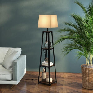 LAMPADA DA TERRA IN METALLO E MDF A 3 RIPIANI CON PARALUME IN TESSUTO, Ø42X166 CM, NERO E BEIGE