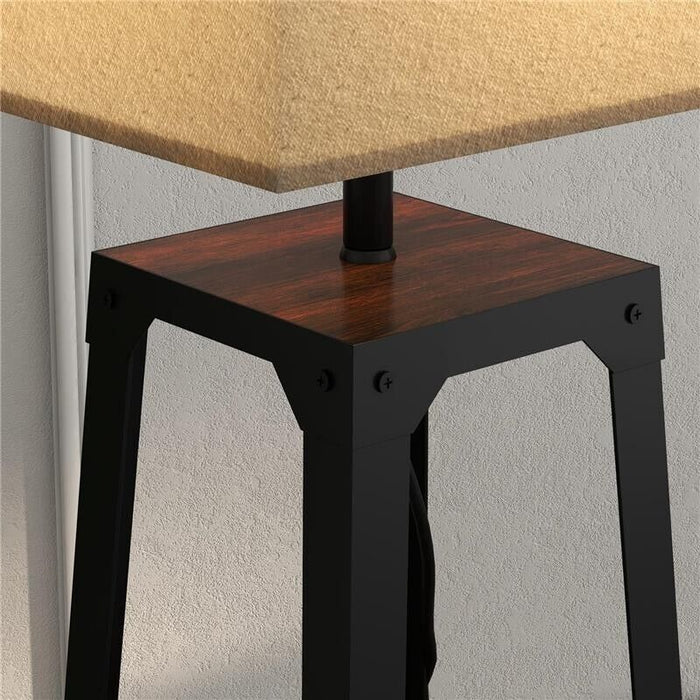 LAMPADA DA TERRA IN METALLO E MDF A 3 RIPIANI CON PARALUME IN TESSUTO, Ø42X166 CM, NERO E BEIGE