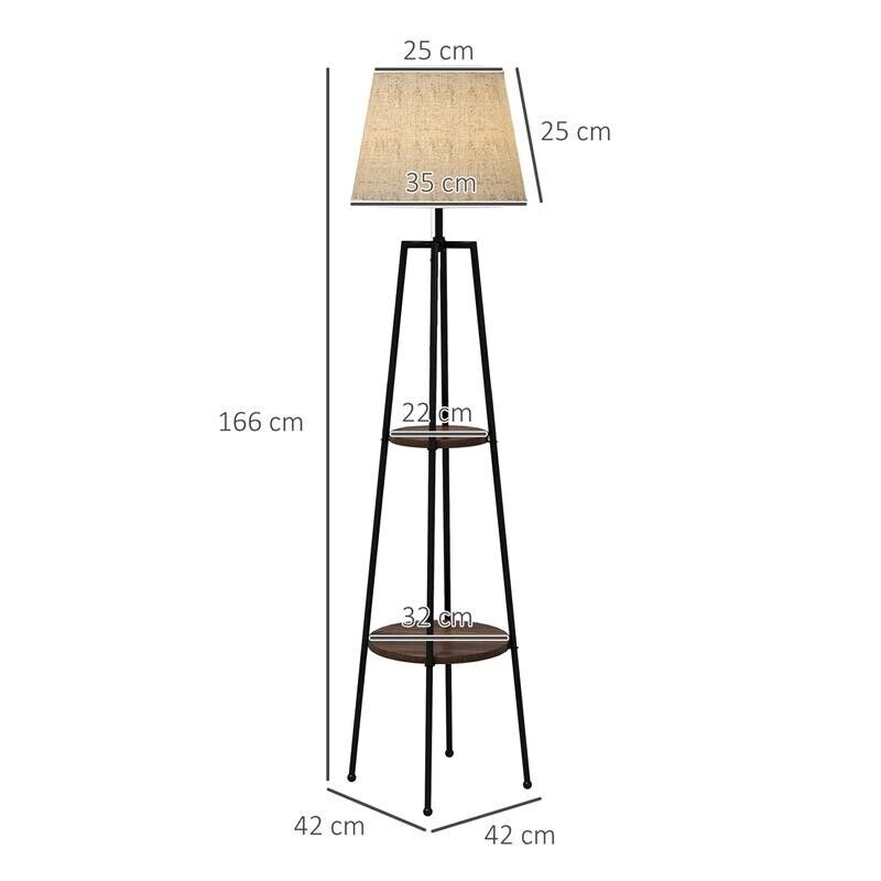 LAMPADA DA TERRA A 2 RIPIANI IN METALLO E MDF CON PARALUME IN TESSUTO, Ï42X166 CM, NERO E MARRONE