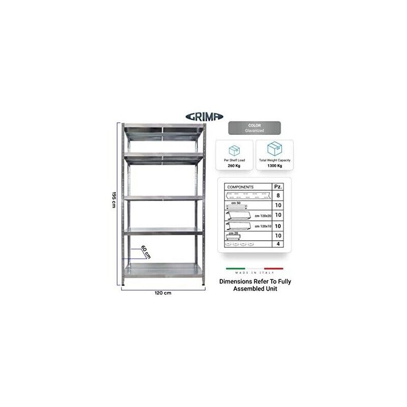 SCAFFALE IN METALLO MACISTE 120 X 60 X 195 H 5 PIANI KG 260 SENZA BULLONI