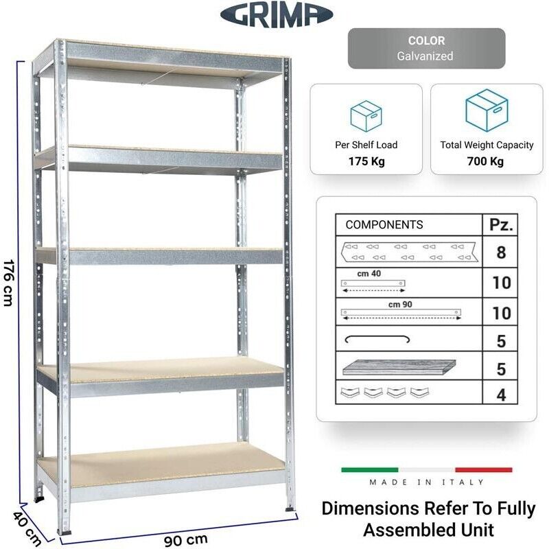 SCAFFALE IN METALLO JOKER 90 X 40 X H 174 CM 5 RIPIANI 175 KG A PIANO
