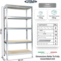SCAFFALE IN METALLO JOKER 90 X 40 X H 174 CM 5 RIPIANI 175 KG A PIANO