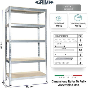 SCAFFALE IN METALLO JOKER 90 X 40 X H 174 CM 5 RIPIANI 175 KG A PIANO