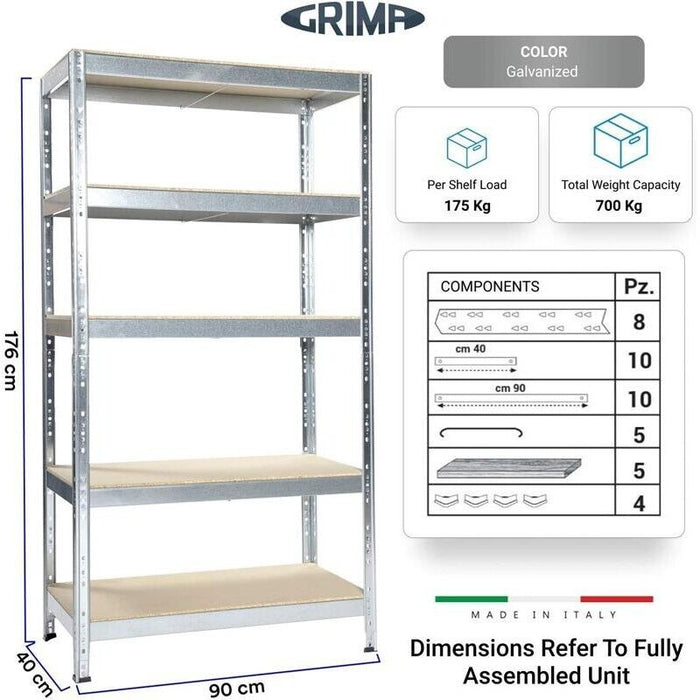 SCAFFALE IN METALLO JOKER 90 X 40 X H 174 CM 5 RIPIANI 175 KG A PIANO