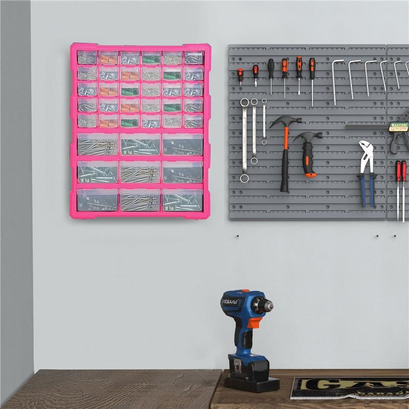 CASSETTIERA IN PLASTICA PORTAMINUTERIE CON 39 CASSETTI TRASPARENTI 38X16X47.5CM ROSA