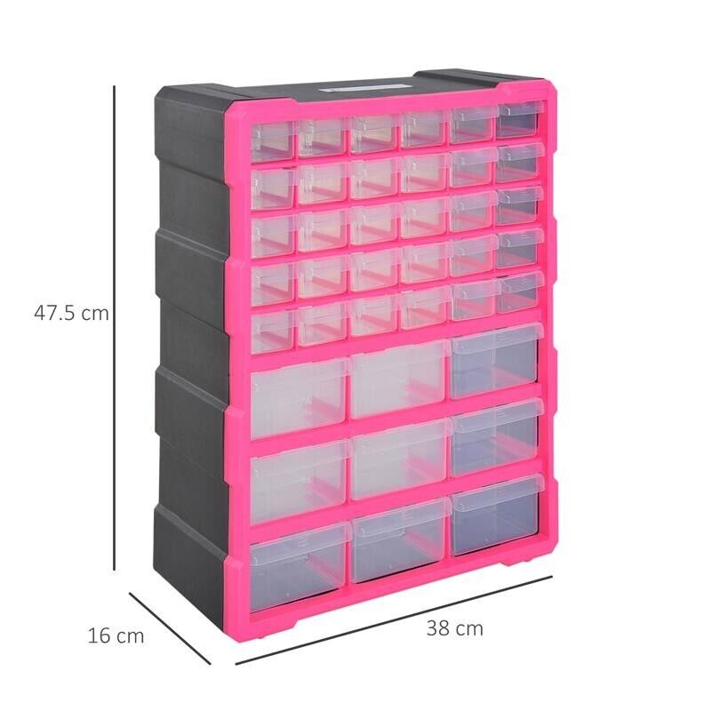 CASSETTIERA IN PLASTICA PORTAMINUTERIE CON 39 CASSETTI TRASPARENTI 38X16X47.5CM ROSA