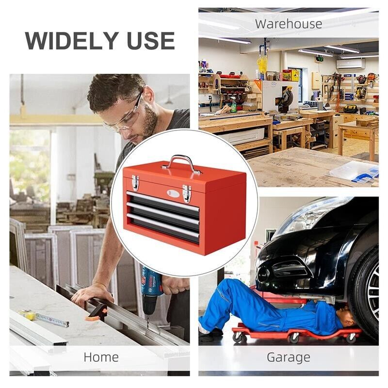 CASSETTA PORTA ATTREZZI CON 3 CASSETTI E VANO SUPERIORE IN ACCIAIO CON MANIGLIA, 45X24X27CM, ROSSO