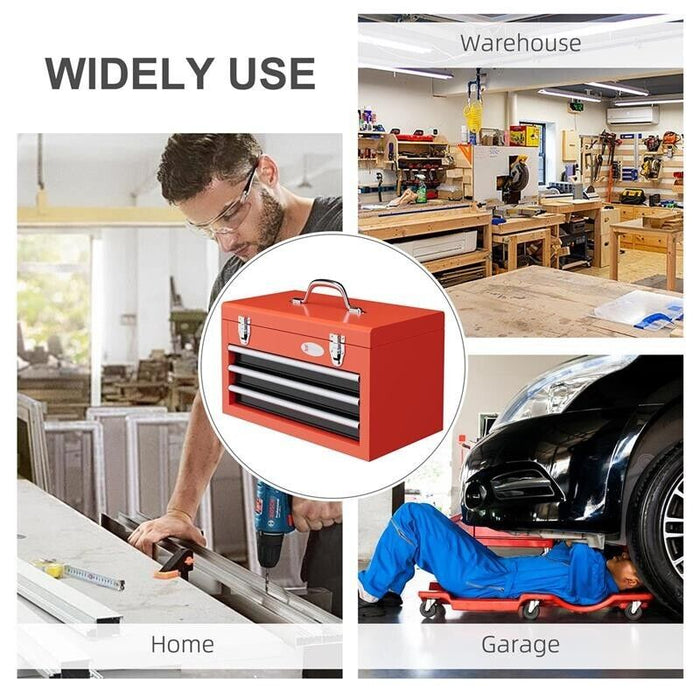 CASSETTA PORTA ATTREZZI CON 3 CASSETTI E VANO SUPERIORE IN ACCIAIO CON MANIGLIA, 45X24X27CM, ROSSO