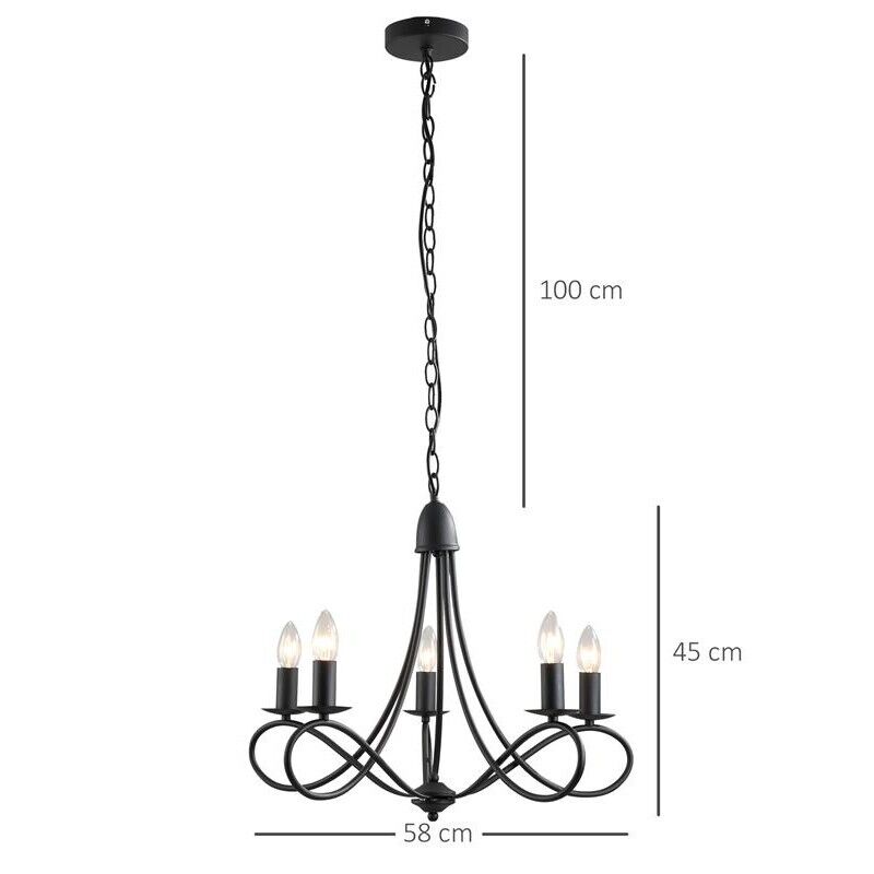 LAMPADARIO A SOFFITTO IN ACCIAIO INTRECCIATO CON 5 CANDELIERI NERO