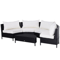 MOBILI DA GIARDINO SET 5 PEZZI CON TAVOLINO IN RATTAN NERO CON CUSCINI BIANCHI