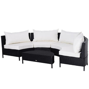 MOBILI DA GIARDINO SET 5 PEZZI CON TAVOLINO IN RATTAN NERO CON CUSCINI BIANCHI