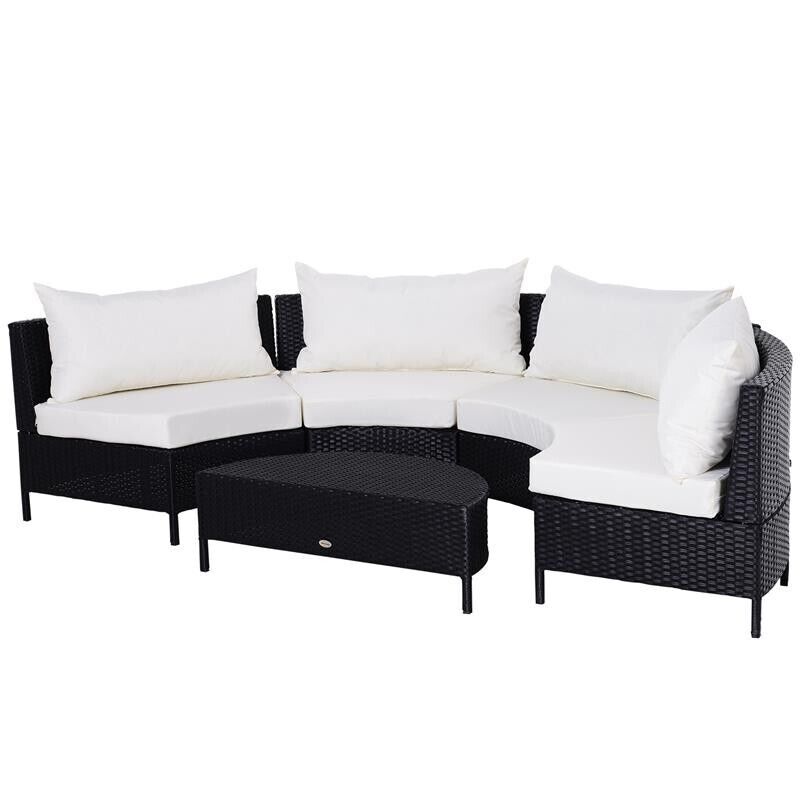 MOBILI DA GIARDINO SET 5 PEZZI CON TAVOLINO IN RATTAN NERO CON CUSCINI BIANCHI