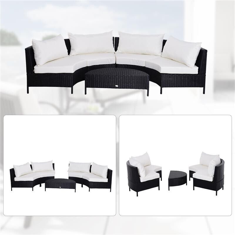 MOBILI DA GIARDINO SET 5 PEZZI CON TAVOLINO IN RATTAN NERO CON CUSCINI BIANCHI