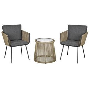 SET 2 POLTRONCINE CON TAVOLINO DA ESTERNO IN PE RATTAN CACHI E GRIGIO