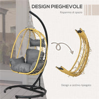 POLTRONA SOSPESA E PIEGHEVOLE CON CUSCINI, IN ACCIAIO E RATTAN PE, 102X102X195 CM, NERA GRIGIA E BEIGE