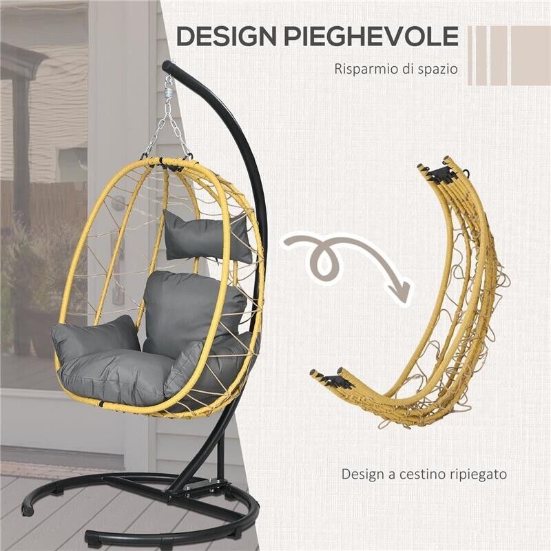 POLTRONA SOSPESA E PIEGHEVOLE CON CUSCINI, IN ACCIAIO E RATTAN PE, 102X102X195 CM, NERA GRIGIA E BEIGE