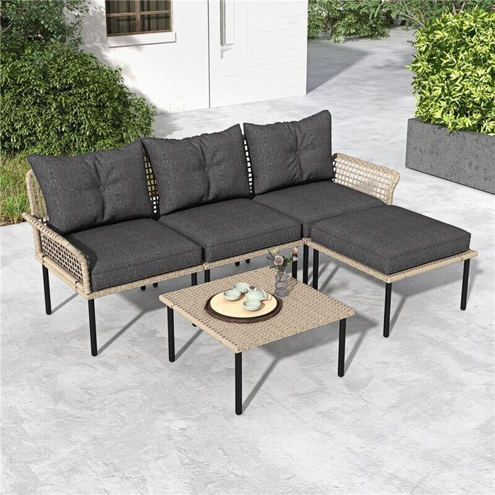 SET DA GIARDINO 5 PEZZI IN RATTAN CON 2 SEDIE LATERALI, SEDIA CENTRALE E 2 SGABELLI/TAVOLINI DA CAFFÈ