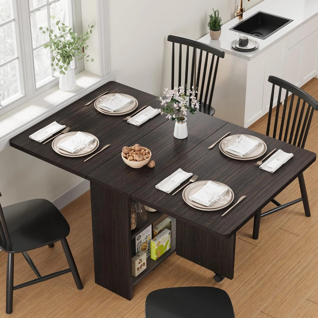 Tavolo da Pranzo Pieghevole ed Estensibile 130 cm con 6 Ruote e Ripiani Noce Scuro