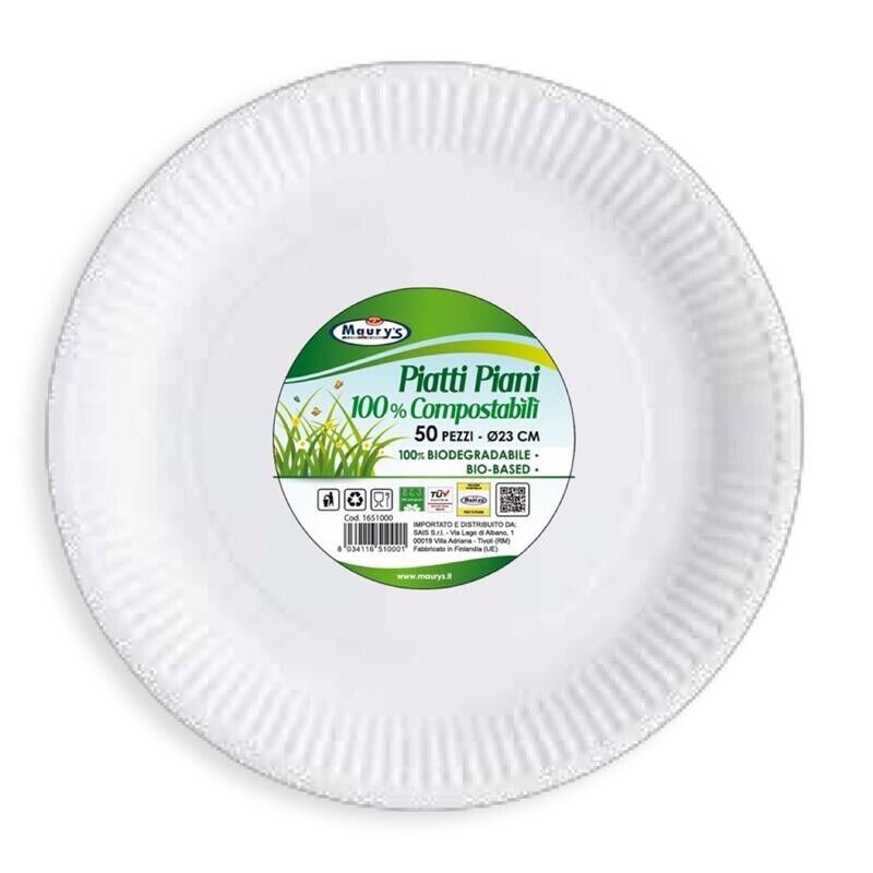 MAURY'S PIATTI PIANI DA 23 CM COMPOSTABILI BIODEGRADABILI IN CONFEZIONE DA 50 PZ