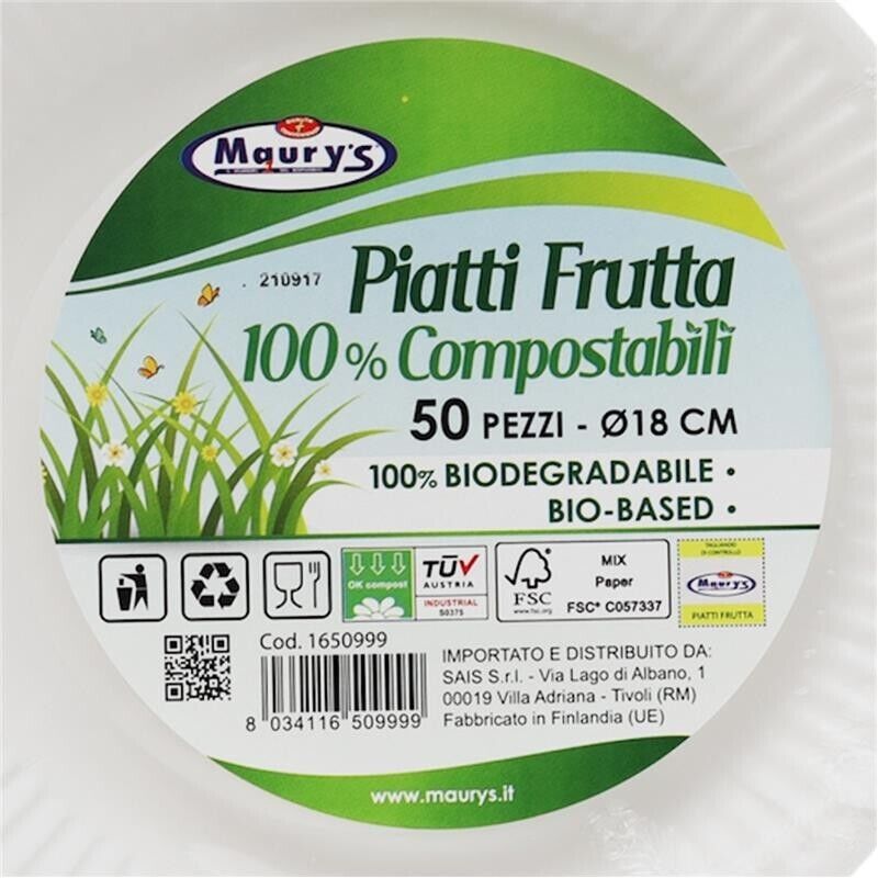 KIT SET 3 PZ MAURY'S PIATTI 50 PZ FRUTTA 18 CM COMPOSTABILI BIODEGRADABILI