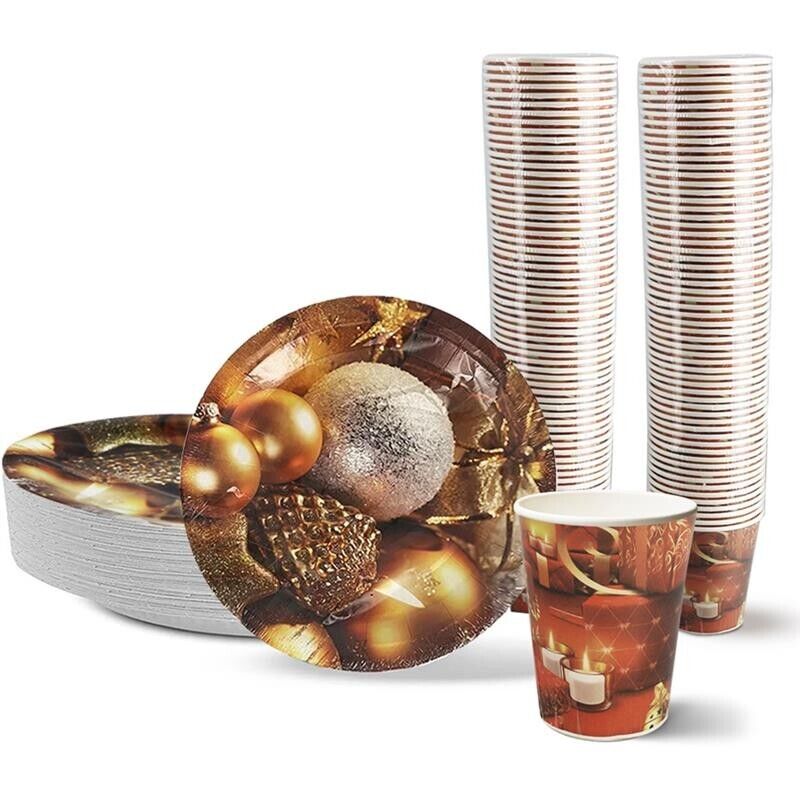 PIATTI DI CARTA NATALIZI PIANI 120 PEZZI IN COLORAZIONE ORO +120 PZ BICCHIERI ORO NATALIZI