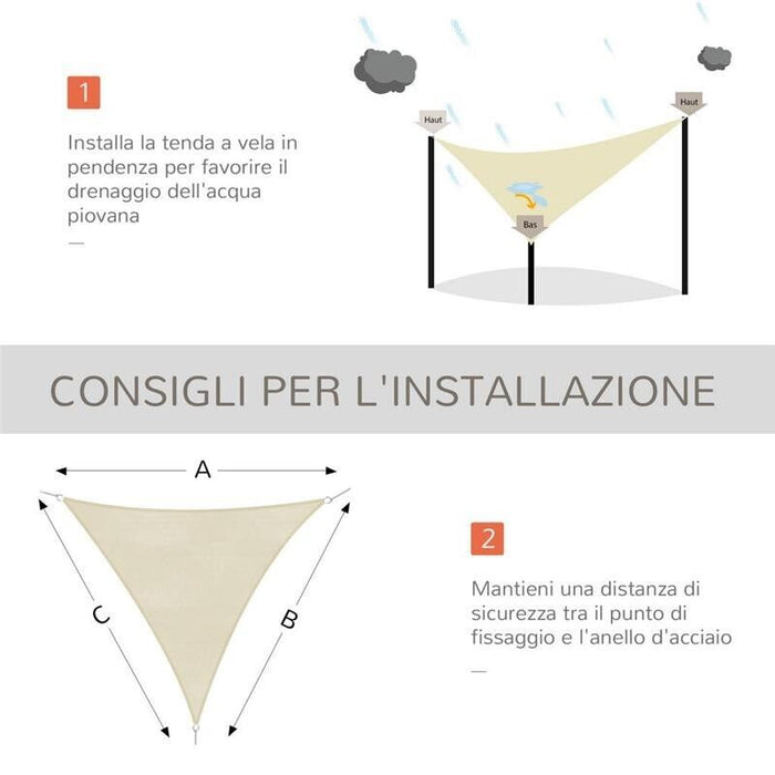 TENDA DA SOLE A VELA OMBREGGIANTE TRIANGOLARE 5 X 5 X 5 MT COLORE BEIGE