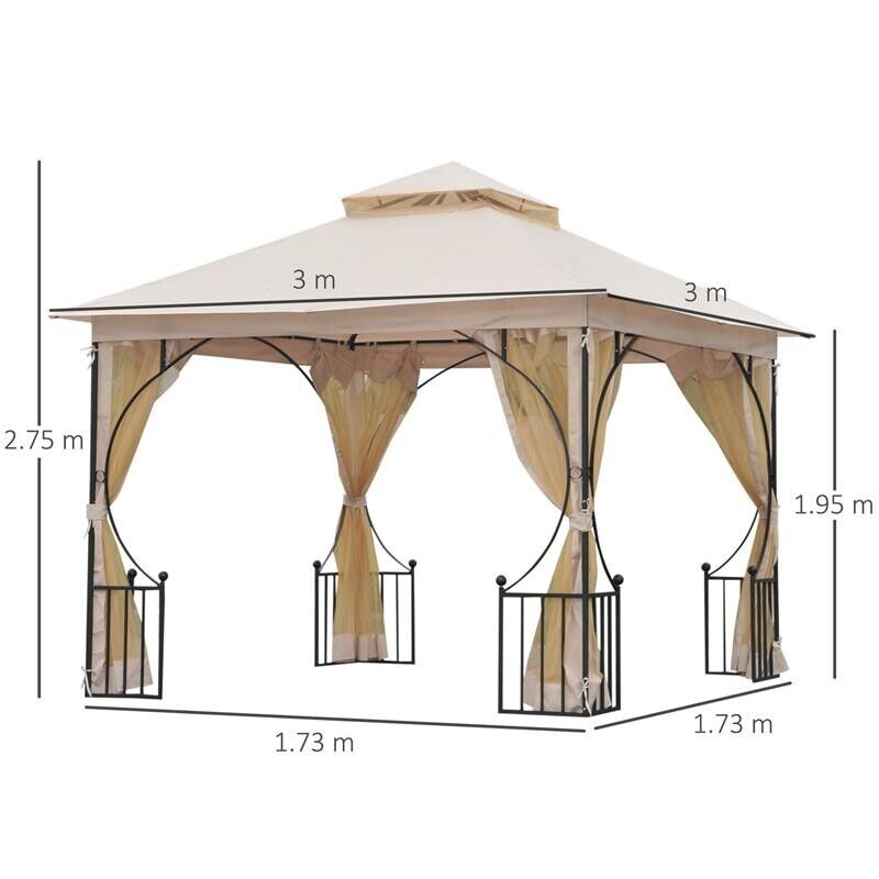 GAZEBO DA GIARDINO IN METALLO CON DOPPIO TETTUCCIO 3 X 3 M BEIGE