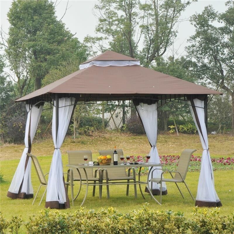 GAZEBO CON ZANZARIERA TETTO A 2 LIVELLI  STRUTTURA IN METALLO 3 X 3 M MARRONE