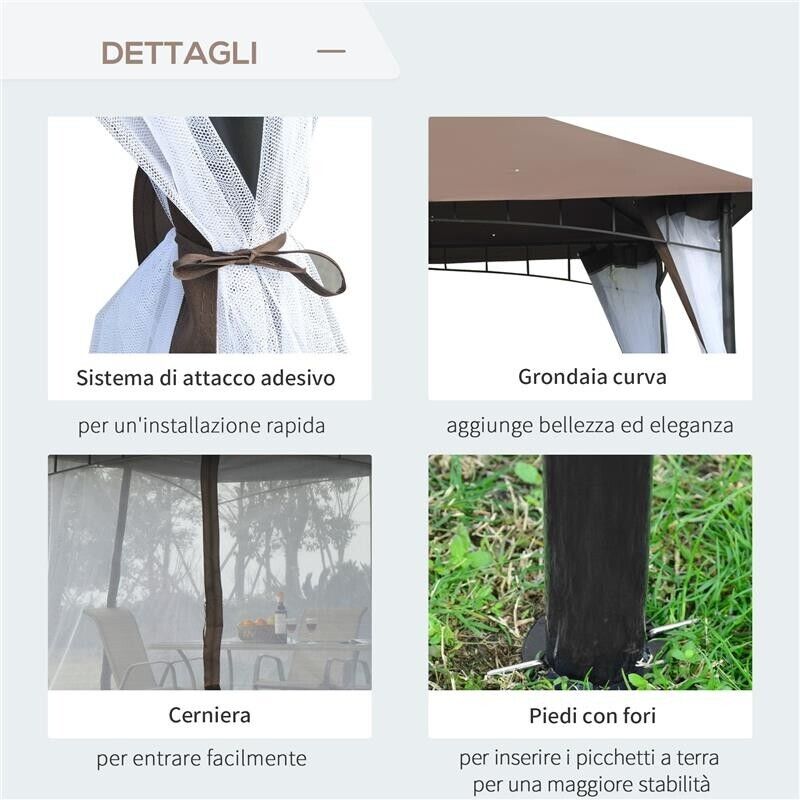 GAZEBO CON ZANZARIERA TETTO A 2 LIVELLI  STRUTTURA IN METALLO 3 X 3 M MARRONE