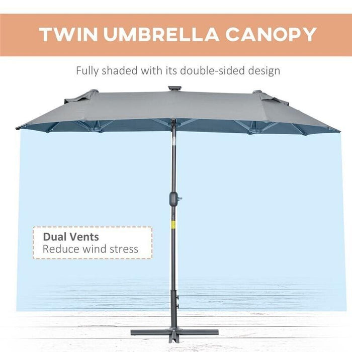 OMBRELLONE DOPPIO CON BASE A CROCE E LUCI LED 295 X 150 X 219 CM GRIGIO