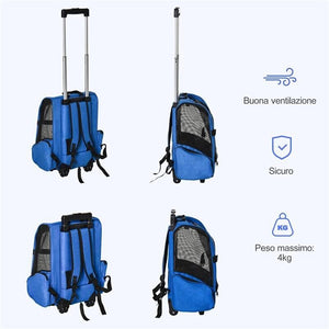 TRASPORTINO ZAINO 2 IN 1 PER CANI E GATTI CON TASCHE E MANIGLIA TELESCOPICA, 42X25X55CM, BLU