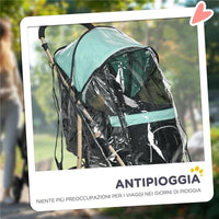 PASSEGGINO PER CANI PICCOLI PIEGHEVOLE CON COPERTURA ANTIPIOGGIA, CESTINO E GUINZAGLIO INTEGRATO, VERDE