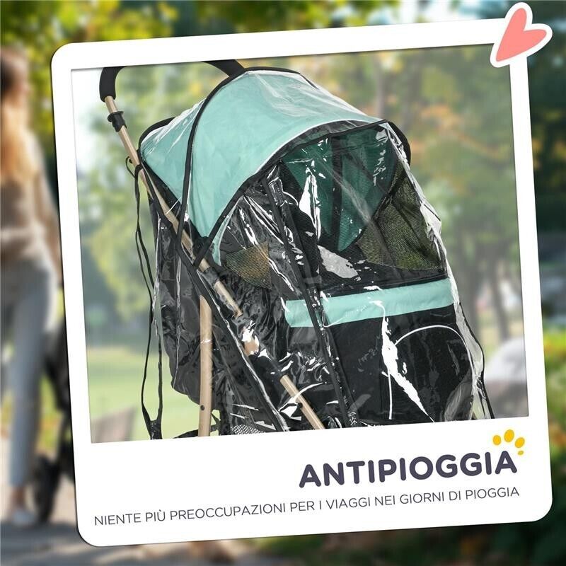 PASSEGGINO PER CANI PICCOLI PIEGHEVOLE CON COPERTURA ANTIPIOGGIA, CESTINO E GUINZAGLIO INTEGRATO, VERDE