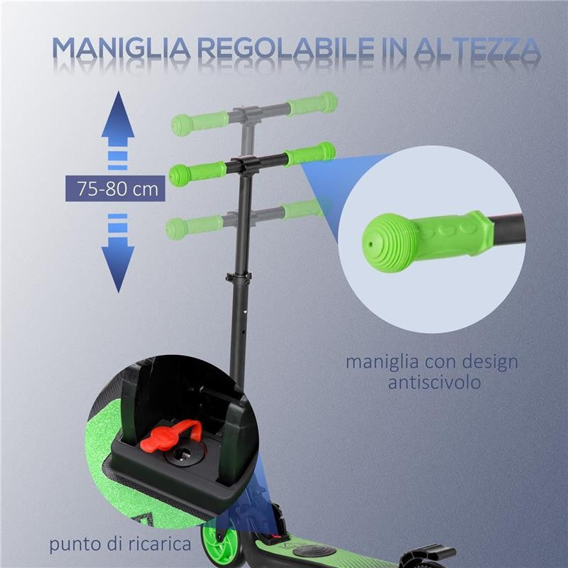 MONOPATTINO ELETTRICO PIEGHEVOLE PER BAMBINI 6+ ANNI AD ALTEZZA REGOLABILE, 71X36.5X75-80 CM, NERO E VERDE