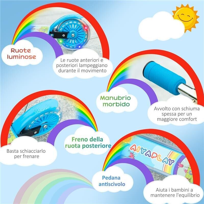 MONOPATTINO PER BAMBINI 3-7 ANNI PIEGHEVOLE A 2 RUOTE E ALTEZZA REGOLABILE, 67X32X65-78 CM, BLU