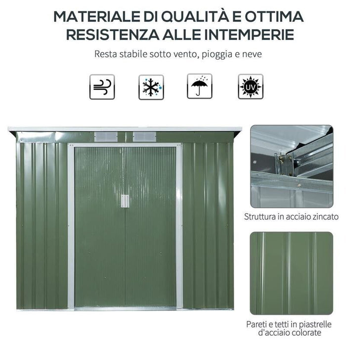 CASETTA DA GIARDINO IN ACCIAIO CON DOPPIA PORTA 213X130X173 CM VERDE