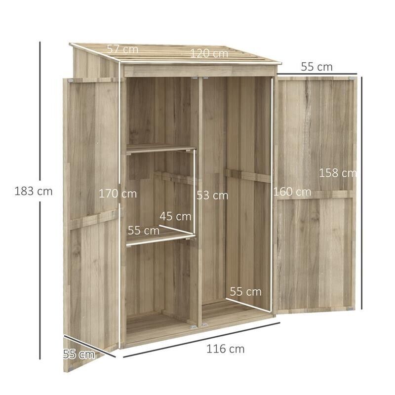 CASETTA DA GIARDINO IN LEGNO DI ABETE CON 2 PORTE E RIPIANI 120 X 57 X 183 CM