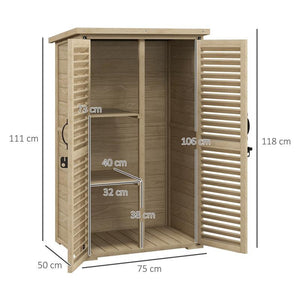 ARMADIO DA ESTERNO PORTAOGGETTI A 2 RIPIANI CON PICCHETTI, IN LEGNO DI ABETE, 75X50X111/118 CM