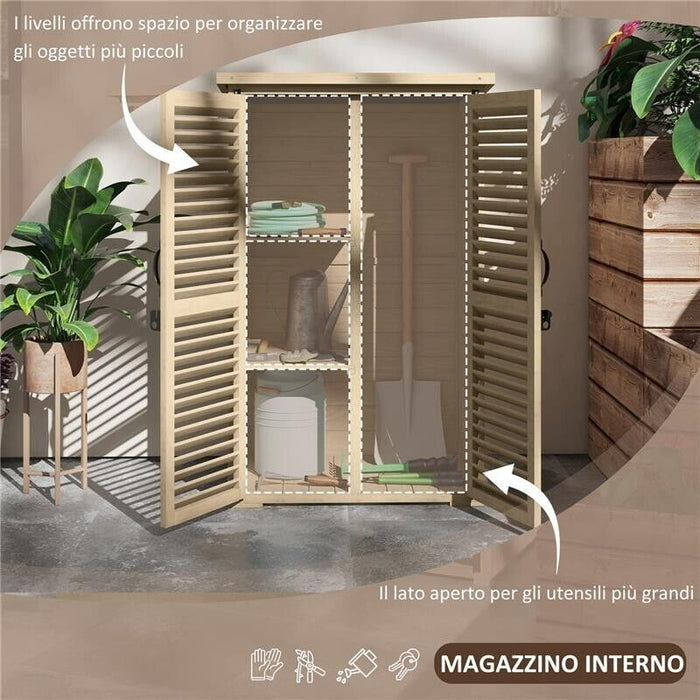 ARMADIO DA ESTERNO PORTAOGGETTI A 2 RIPIANI CON PICCHETTI, IN LEGNO DI ABETE, 75X50X111/118 CM