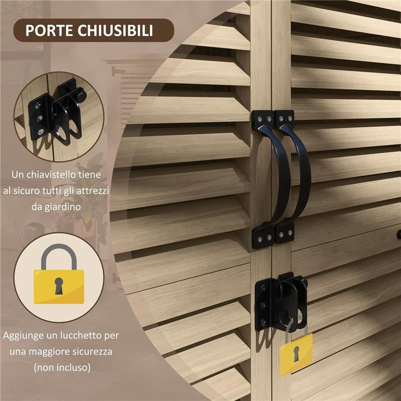 ARMADIO DA ESTERNO PORTAOGGETTI A 2 RIPIANI CON PICCHETTI, IN LEGNO DI ABETE, 75X50X111/118 CM