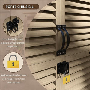 ARMADIO DA ESTERNO PORTAOGGETTI A 2 RIPIANI CON PICCHETTI, IN LEGNO DI ABETE, 75X50X111/118 CM