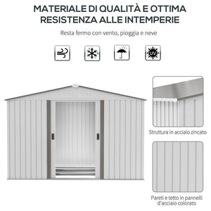 CASETTA DA GIARDINO CON DOPPIE PORTE SCORREVOLI, IN ACCIAIO E PP, 277X195X192CM, ARGENTO