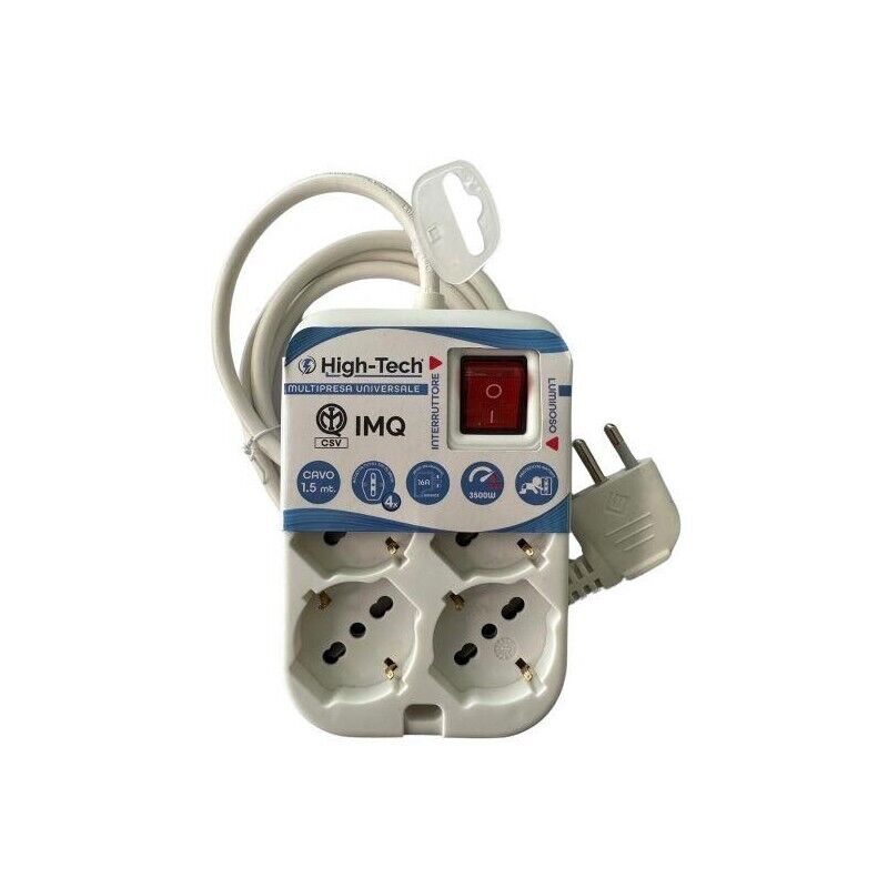 HIGH-TECH MULTIPRESA SQUARE UNIVERSALE 4 POSTI CON INTERRUTTORE P40 16A 250V MAX 3500 W CAVO 3G1.0MM2X1.5M BIANCA
