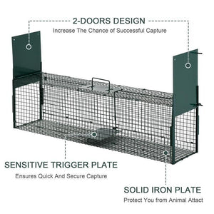 GABBIA TRAPPOLA PER ANIMALI VIVI CON DOPPIA PORTA 100X25X28CM VERDE SCURO
