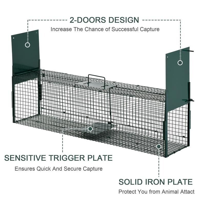 GABBIA TRAPPOLA PER ANIMALI VIVI CON DOPPIA PORTA 100X25X28CM VERDE SCURO