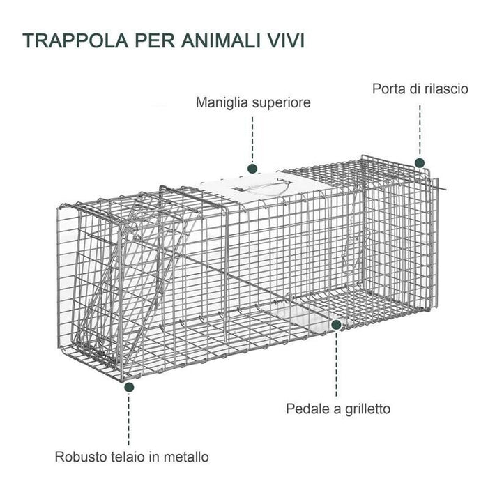 GABBIA TRAPPOLA PER ANIMALI VIVI PIEGHEVOLE IN ACCIAIO, 81X26X34.5CM, ARGENTO