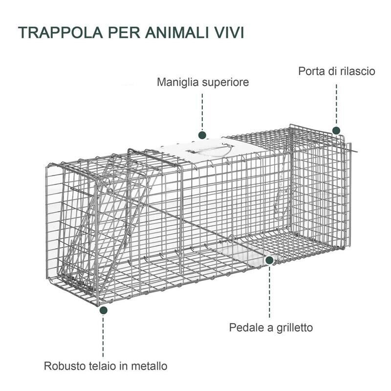 GABBIA TRAPPOLA PER ANIMALI VIVI PIEGHEVOLE IN ACCIAIO, 81X26X34.5CM, ARGENTO